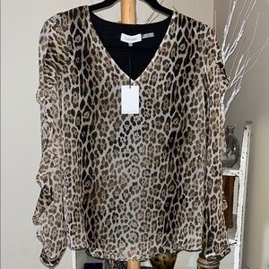 NWT Calvin Klein XS Chocolate Brown/Beige Animal Print Top Ruffles down sleeves.